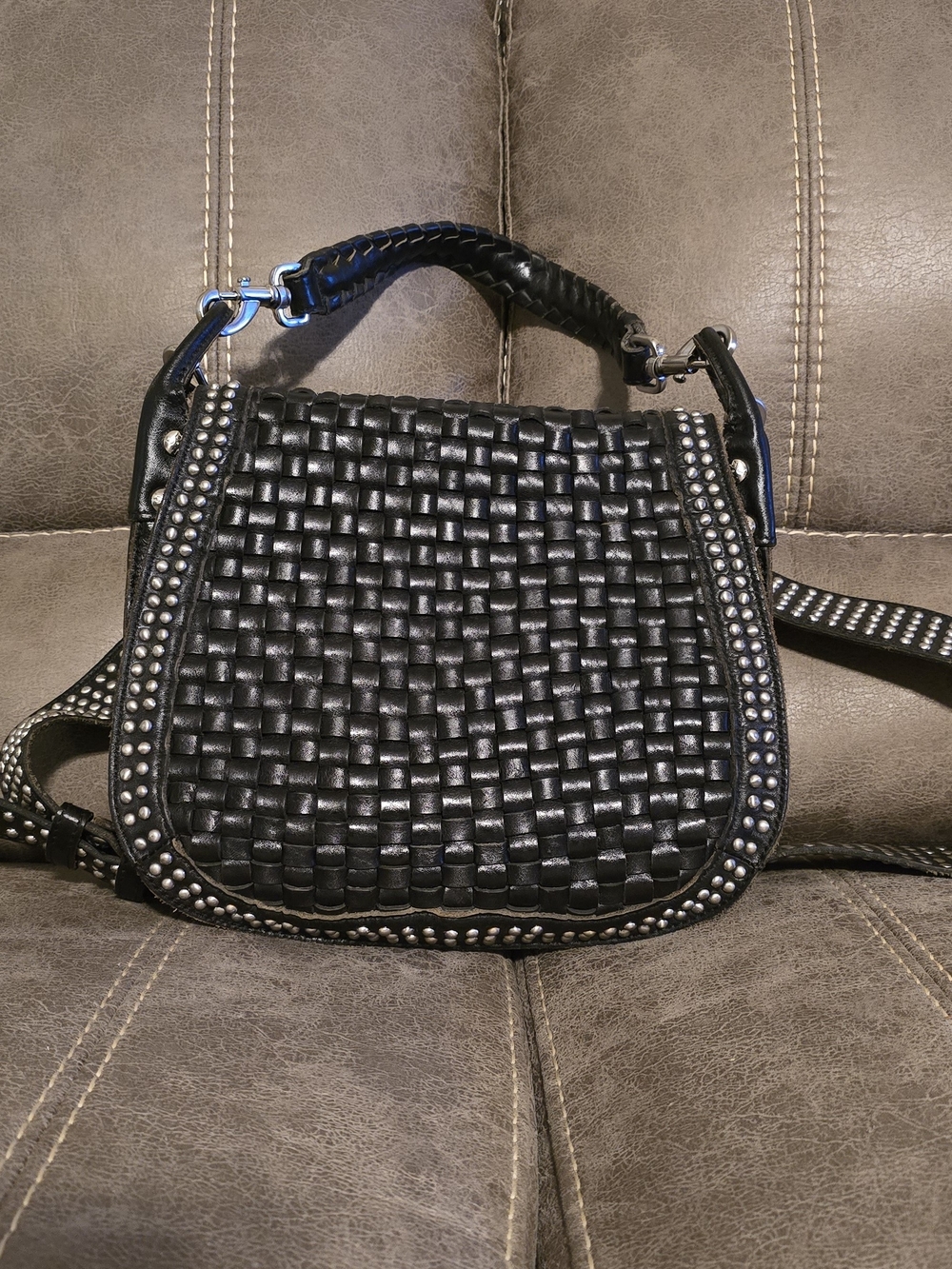 Patricia Nash Black Woven Leather Crossbody with Studded Trim